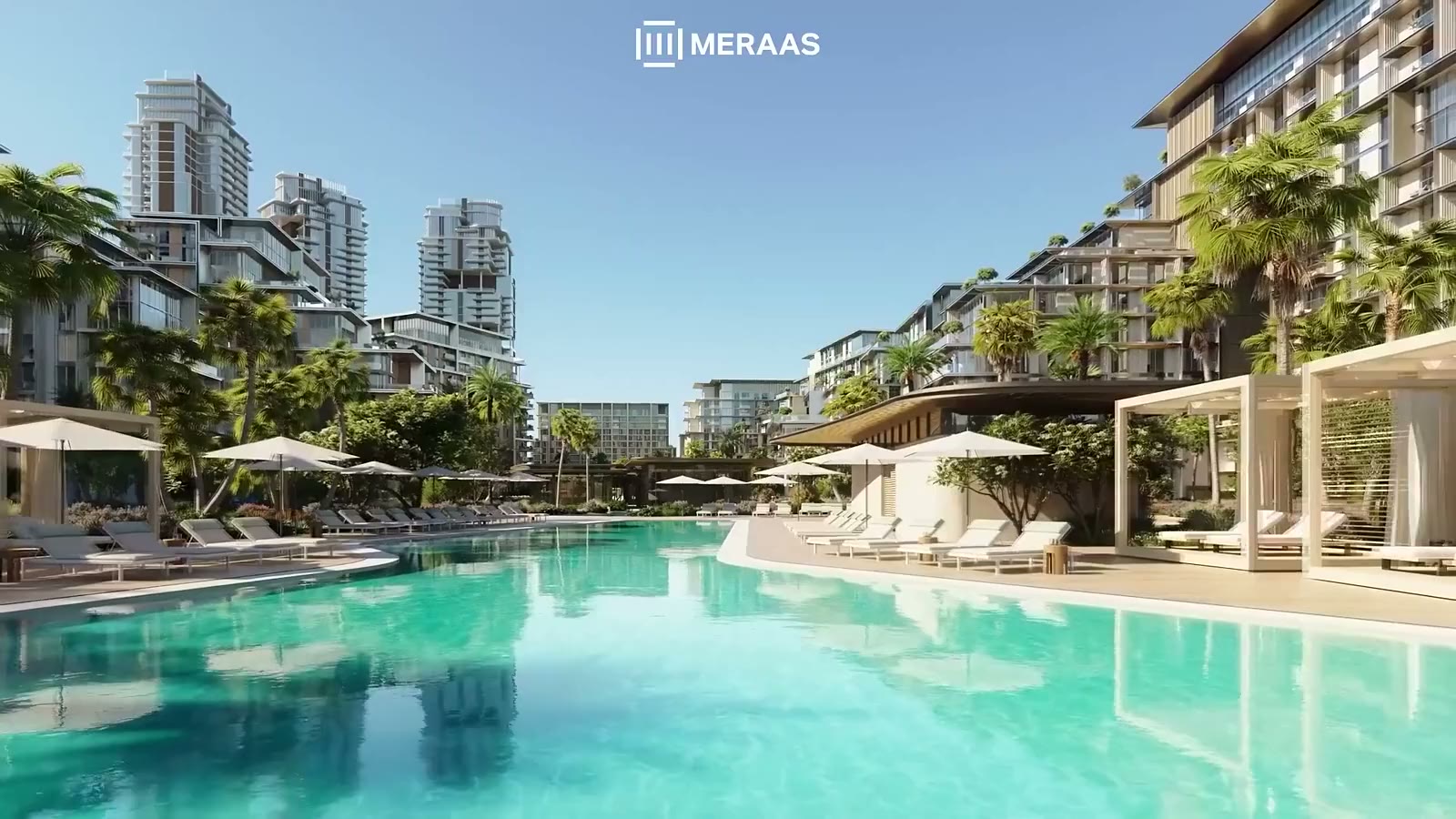 Meraas visualisation of Crestlane homes and palms overlooking the water gardens
