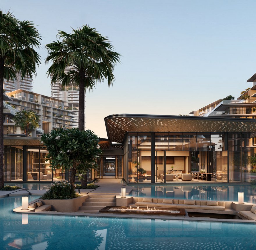 Official Meraas rendering of a Crestlane waterside lounge pavilion and sunken seating